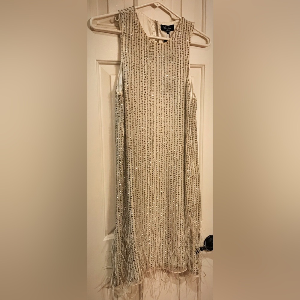 White Short dress with silver beading and feathers at the bottom.
